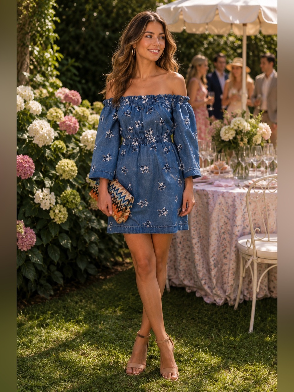 HOUSE OF HOLLAND Denim Off The Shoulder Floral Embroidered Jean Dress 2